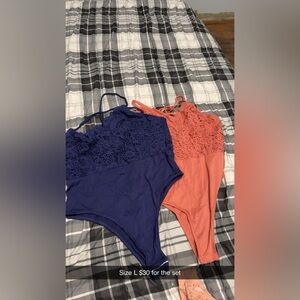 Elegant Lace Bodysuit Set - Navy Blue and Coral